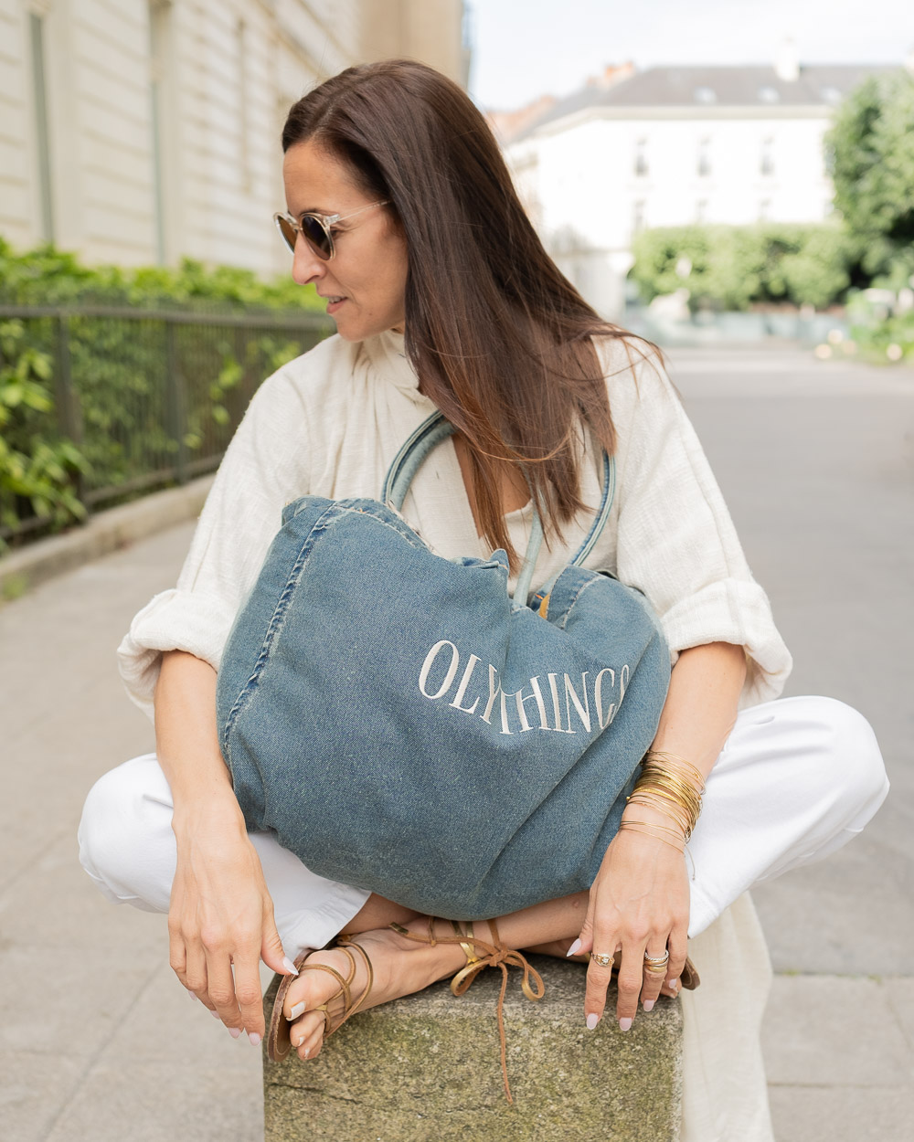 Sac Cabas en Jean, Brodé Olythings Crème