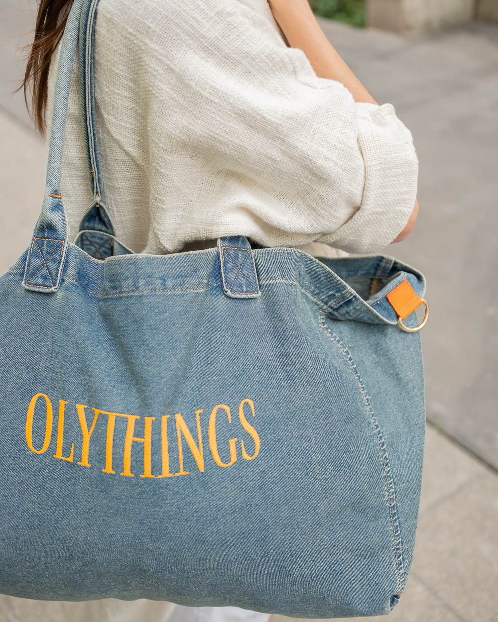 Sac Cabas en Jean, Brodé Olythings Orange