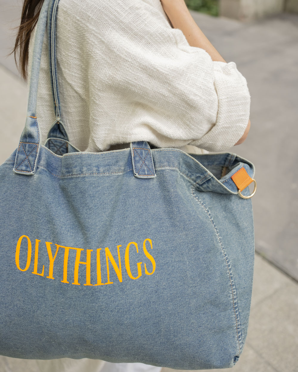Sac Cabas en Jean, Brodé Olythings Orange